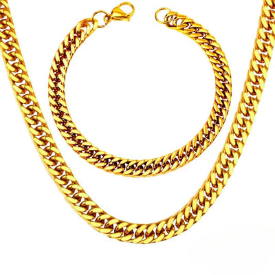 Stelluxe Stainless Steel Gold Color PVD Cuban Link Chain Bracelet And Necklace