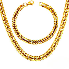 Tresoli Stainless Steel Gold Color PVD Cuban Link Chain Bracelet And Necklace