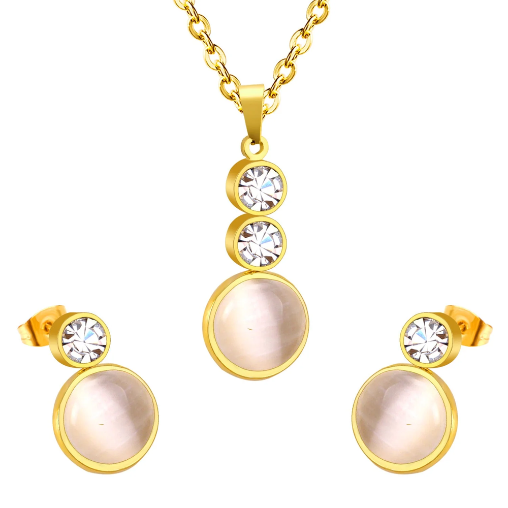 Stainless Steel Gold Color PVD Sticking Cat's Eye Stones With Two Small Round Cakes Topped With Diamonds Jewelry Set