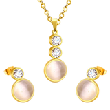 Tresoli Stainless Steel Gold Color PVD Sticking Cat's Eye Stones With Two Small Round Cakes Topped With Diamonds Jewelry Set