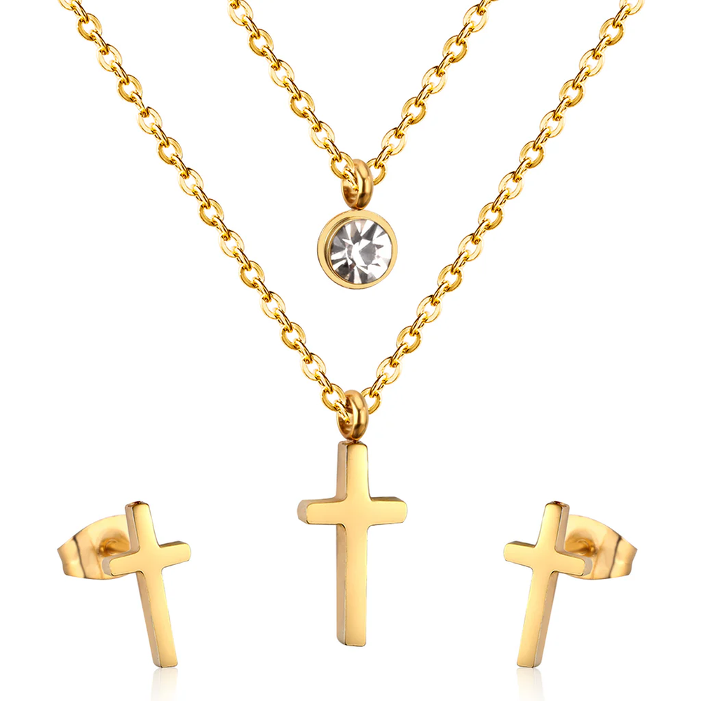 Stainless Steel Gold Color PVD Double Chain Round Diamond And Cross Pendant Jewelry Set