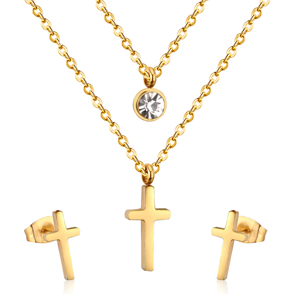 Stelluxe Stainless Steel Gold Color PVD Double Chain Round Diamond And Cross Pendant Jewelry Set