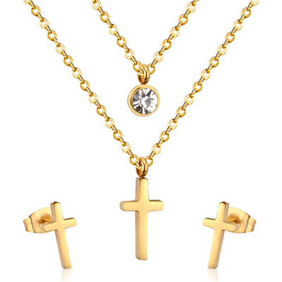Stelluxe Stainless Steel Gold Color PVD Double Chain Round Diamond And Cross Pendant Jewelry Set