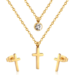 Tresoli Stainless Steel Gold Color PVD Double Chain Round Diamond And Cross Pendant Jewelry Set