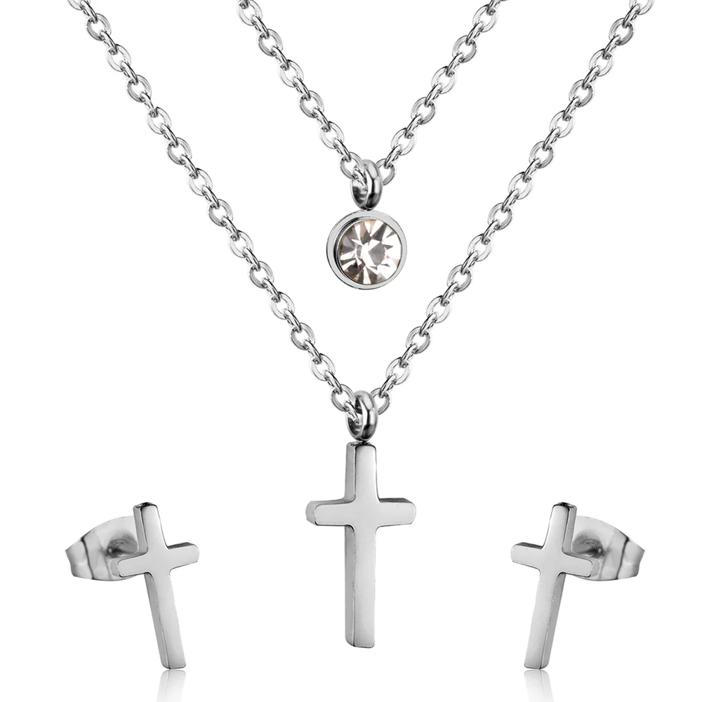 Stainless Steel Color PVD Double Chain Round Diamond And Cross Pendant Jewelry Set