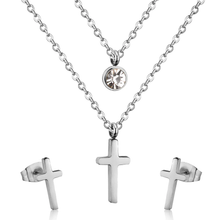 Load image into Gallery viewer, Stelluxe Stainless Steel Color PVD Double Chain Round Diamond And Cross Pendant Jewelry Set