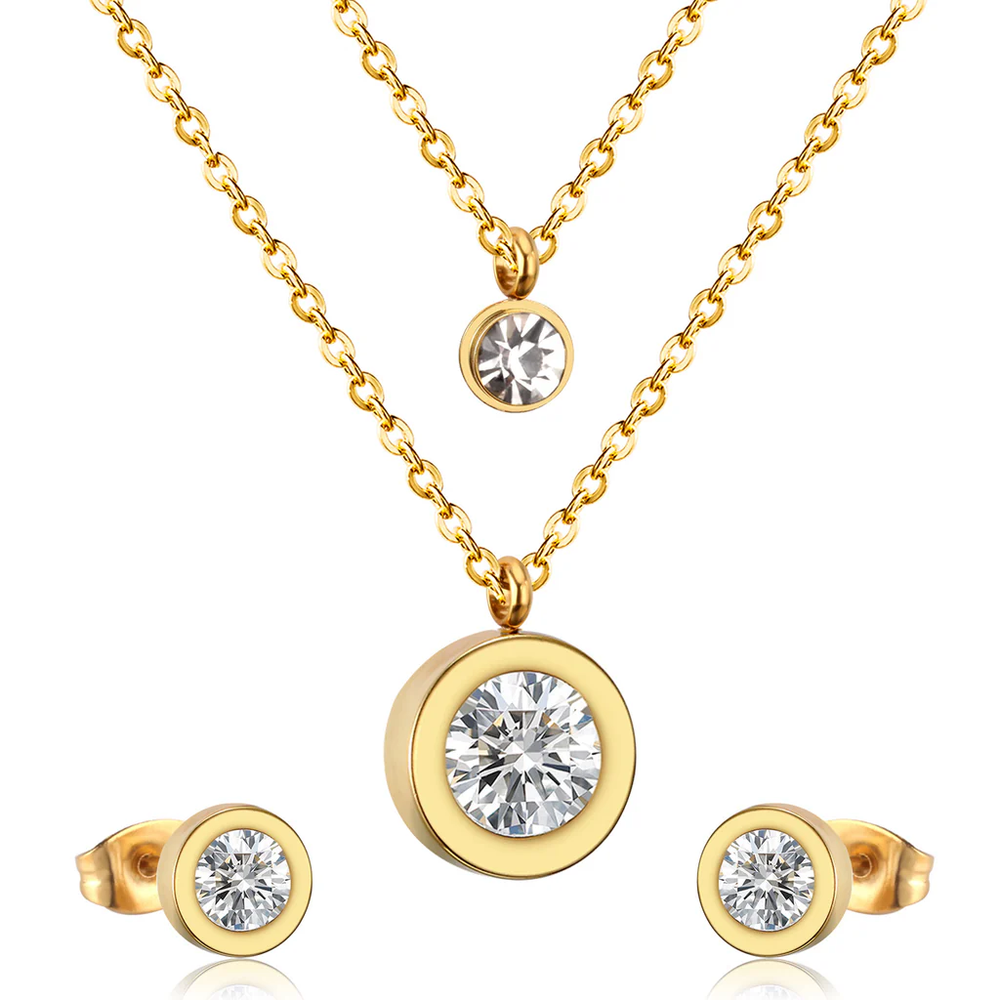 Stainless Steel Gold Color PVD Double Chain Round Diamond And Round Pendant Jewelry Set