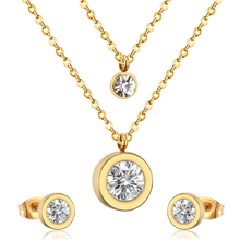 Load image into Gallery viewer, Stelluxe Stainless Steel Gold Color PVD Double Chain Round Diamond And Round Pendant Jewelry Set