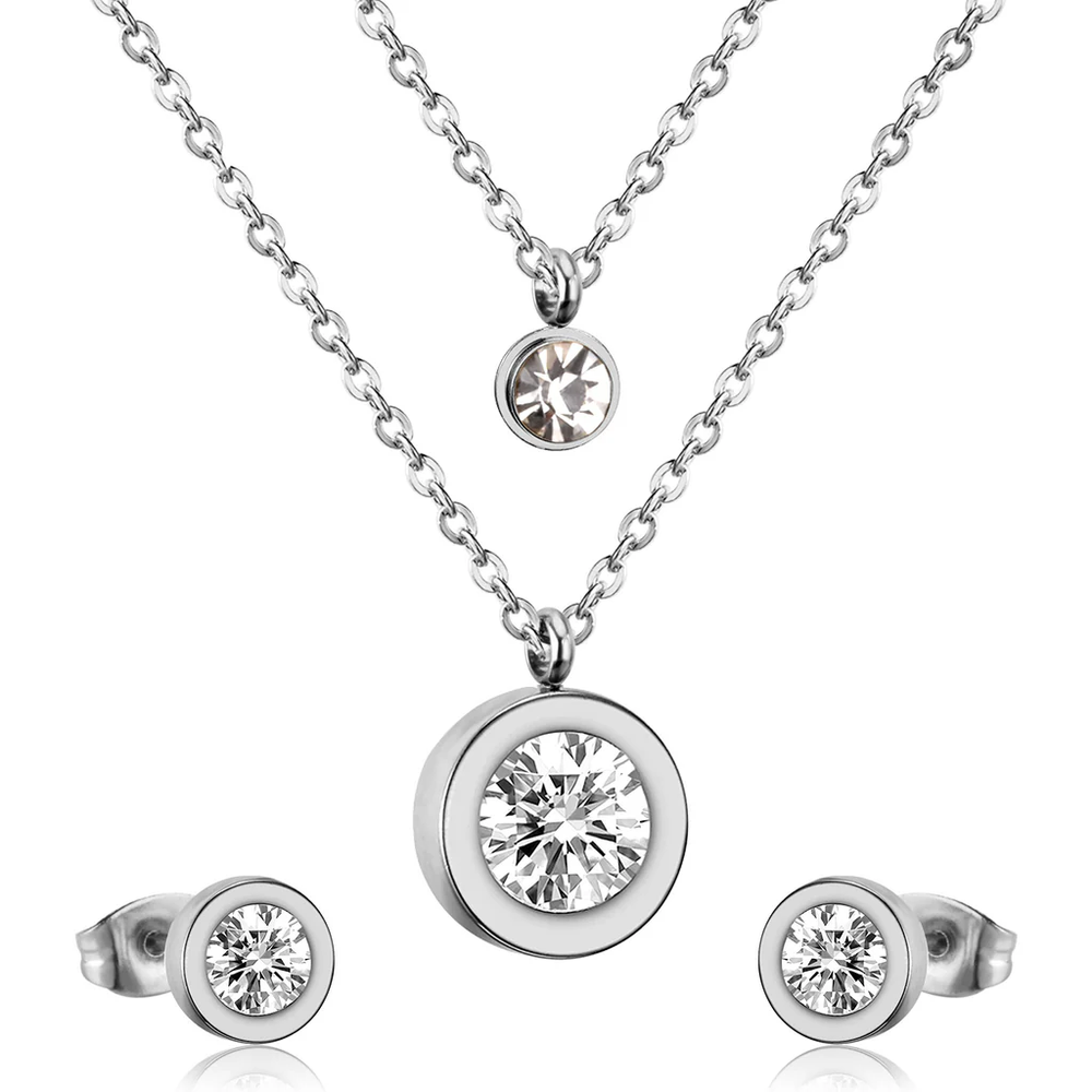 Stainless Steel Color PVD Double Chain Round Diamond And Round Pendant Jewelry Set