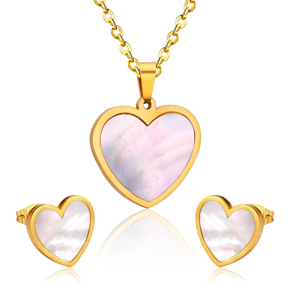 Stelluxe Stainless Steel Gold Color PVD Sticky Heart White Shell Jewelry Set