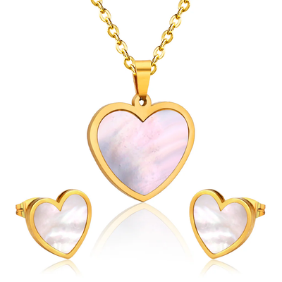 Stelluxe Stainless Steel Gold Color PVD Sticky Heart White Shell Jewelry Set