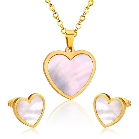 Stelluxe Stainless Steel Gold Color PVD Sticky Heart White Shell Jewelry Set