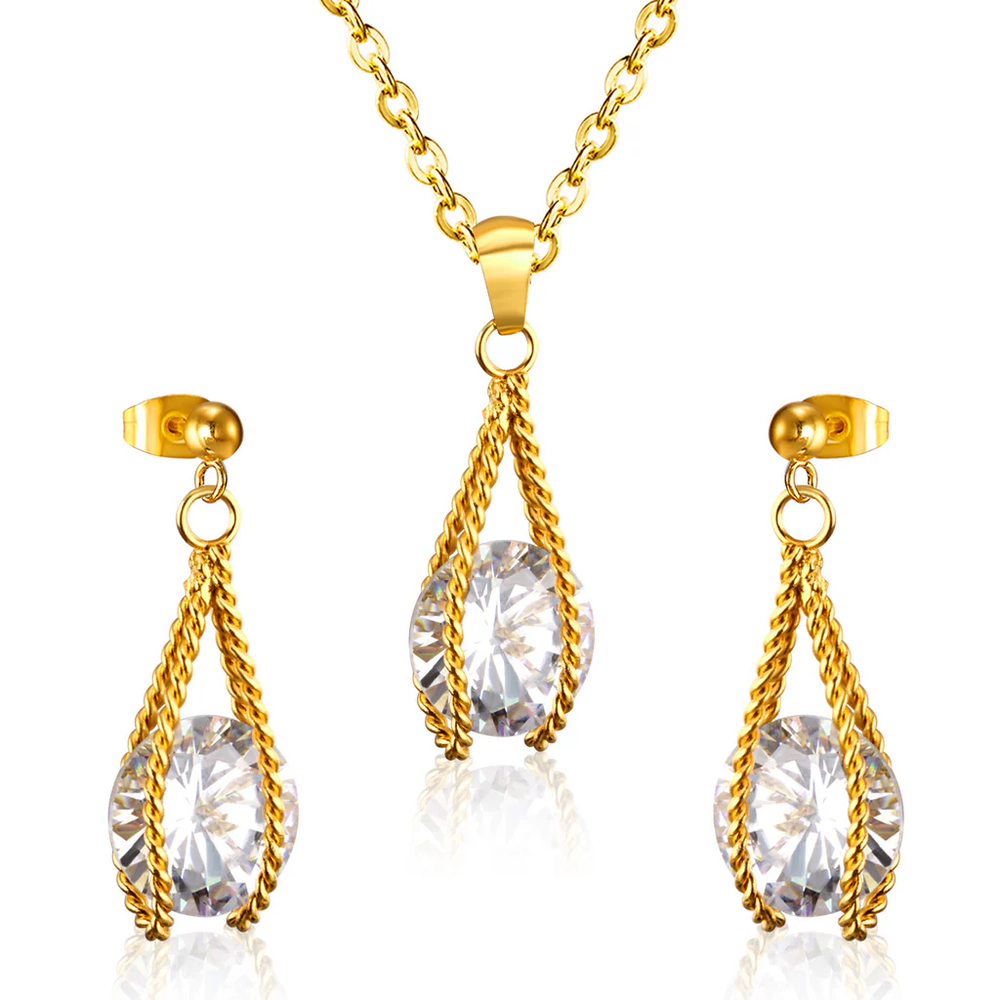 Stainless Steel Gold Color PVD Simple With Oversized Diamond Pendant Jewelry Set
