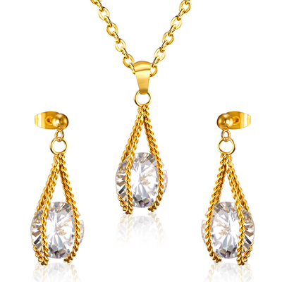 Stelluxe Stainless Steel Gold Color PVD Simple With Oversized Diamond Pendant Jewelry Set