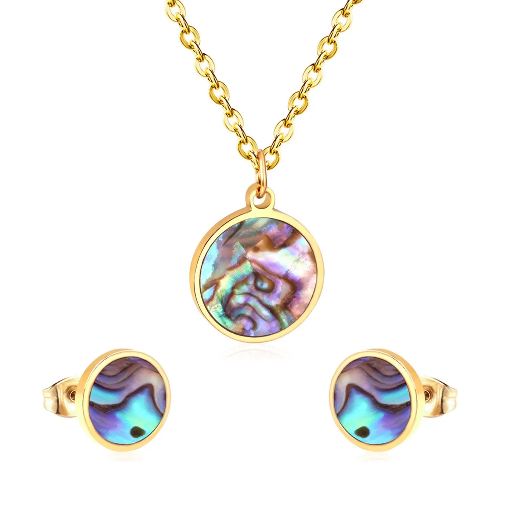 Stainless Steel Gold Color PVD Round Wedding Shell Carbon Fiber Jewelry Set