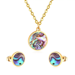 Tresoli Stainless Steel Gold Color PVD Round Wedding Shell Carbon Fiber Jewelry Set