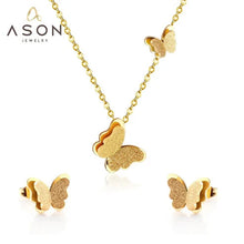 Load image into Gallery viewer, Stainless Steel Gold Color PVD Frosted Butterfly Pendant Necklace And Stud Earrings Set