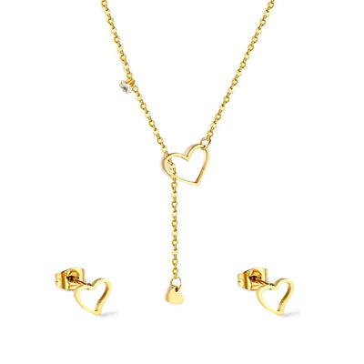 Stainless Steel Gold Color PVD Waterpoof Heart Cutout With Diamonds Jewelry Set
