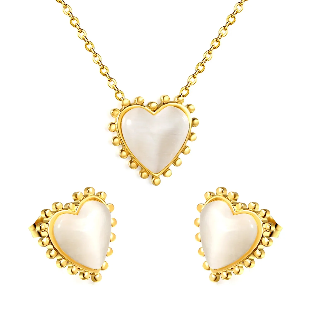 Stainless Steel Gold Color PVD Loose Beads Edged Heart With White Stone Jewlery Set