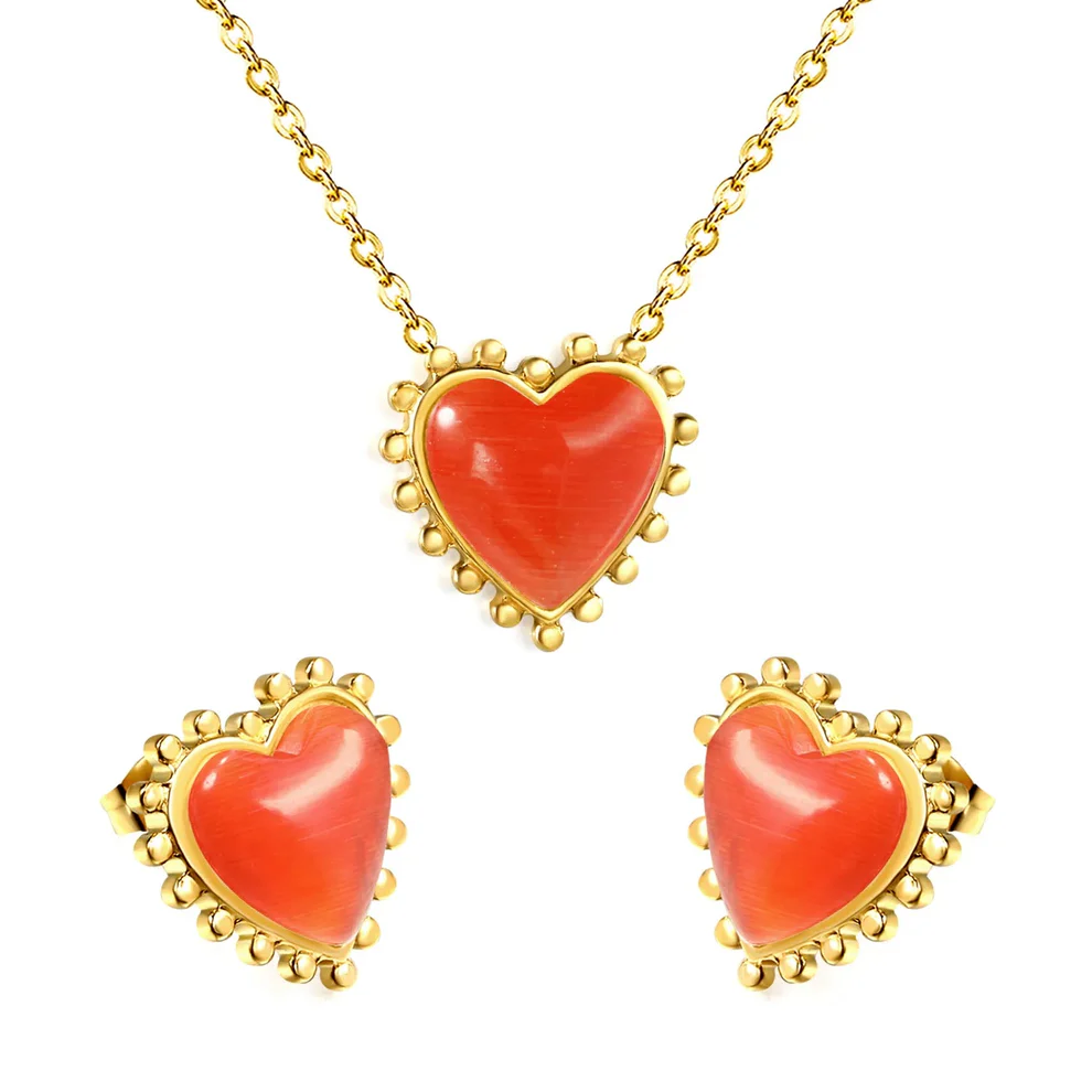 Stainless Steel Gold Color PVD Loose Beads Edged Heart With Red Stone Jewlery Set