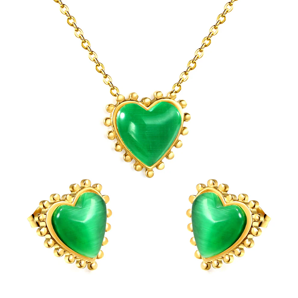 Stainless Steel Gold Color PVD Loose Beads Edged Heart With Green Stone Jewlery Set