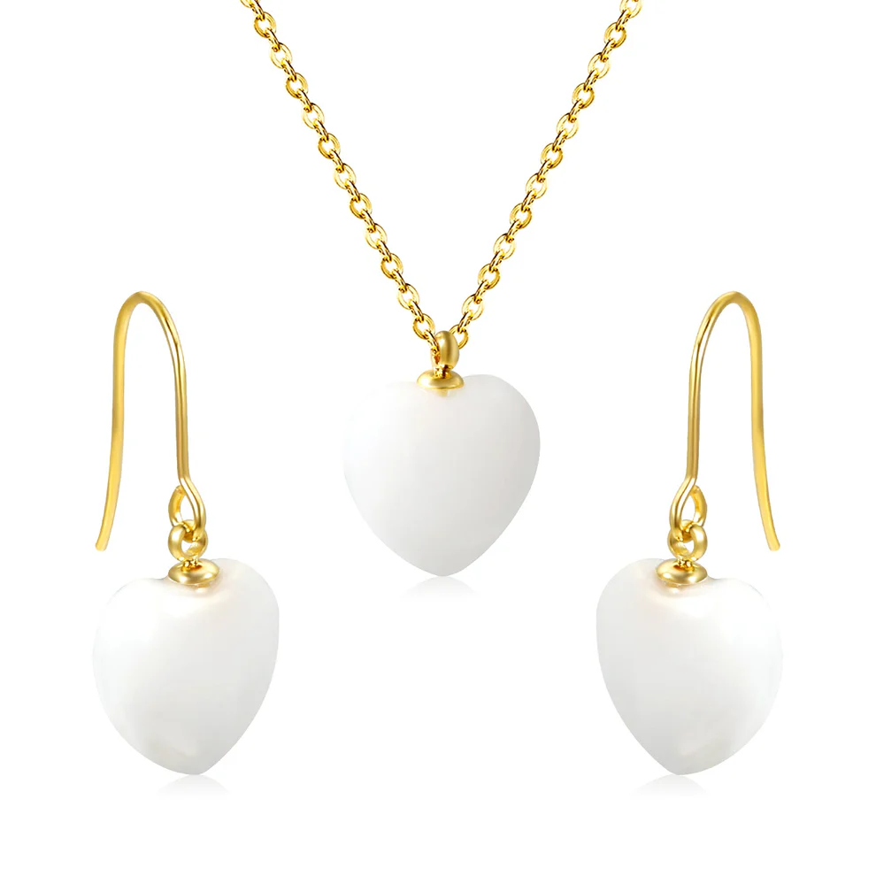 Stainless Steel Gold Color PVD Heart White Natural Stone Set