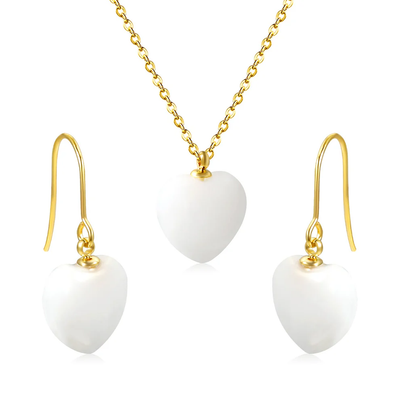 Tresoli Stainless Steel Gold Color PVD Heart White Natural Stone Set