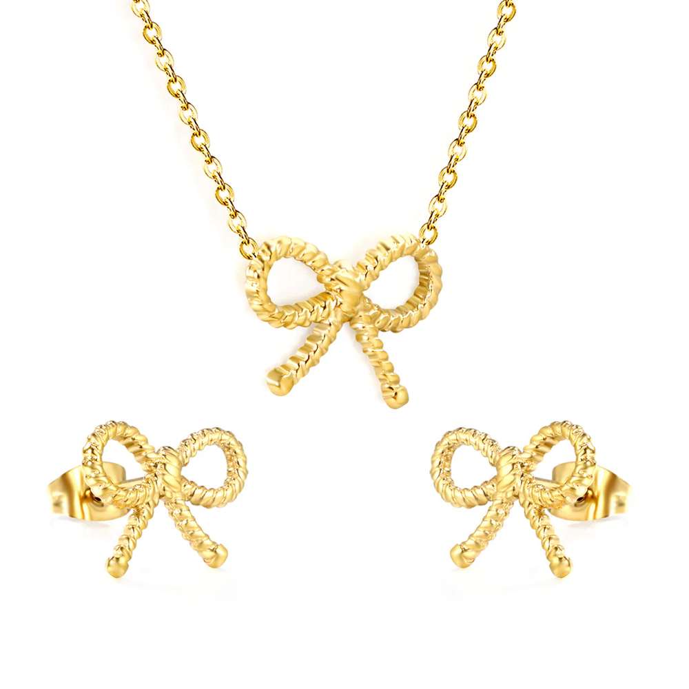 Stainless Steel Gold Color PVD Bow With Cross Chain Earrings And Necklace Set