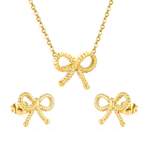 Load image into Gallery viewer, Stelluxe Stainless Steel Gold Color PVD Bow With Cross Chain Earrings And Necklace Set