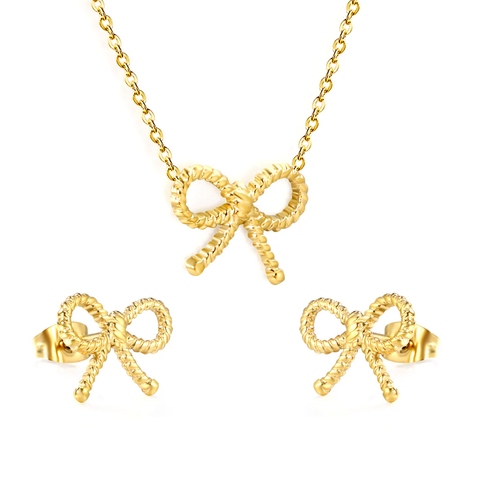 Stelluxe Stainless Steel Gold Color PVD Bow With Cross Chain Earrings And Necklace Set