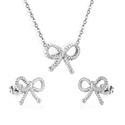 Stelluxe Stainless Steel Color PVD Bow With Cross Chain Earrings And Necklace Set