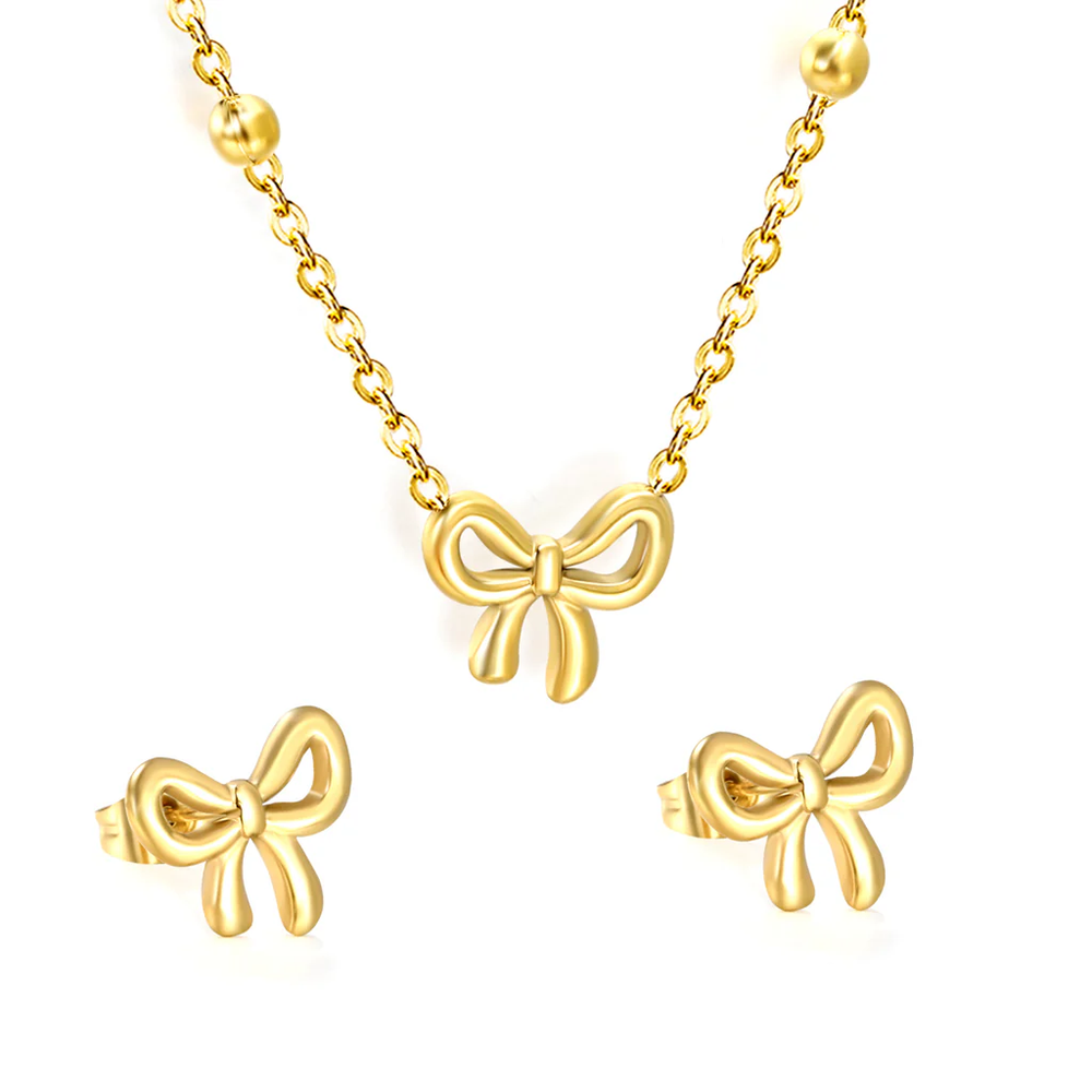 Stainless Steel Gold Color PVD Bowtie With Cross Link Chain Earrings And Necklace Set