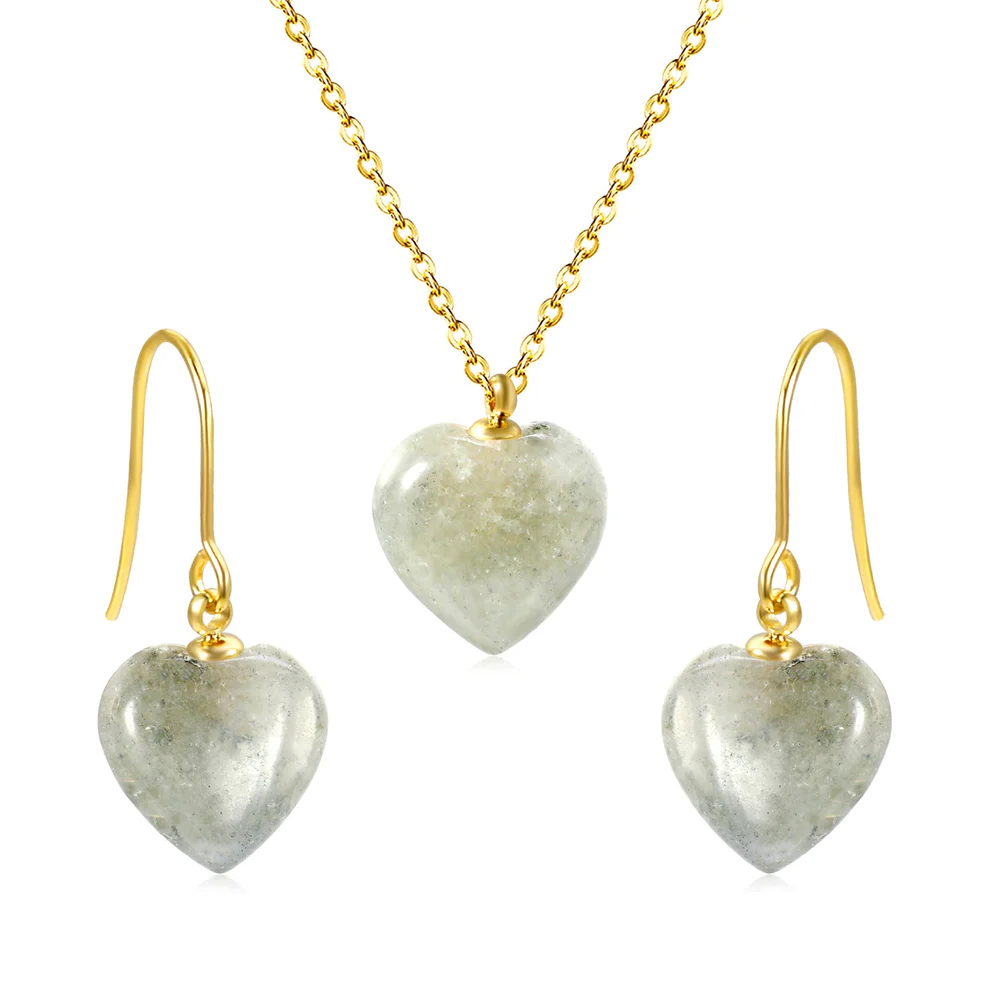 Stainless Steel Gold Color PVD Heart Shape Gray Stones Jewelry Set