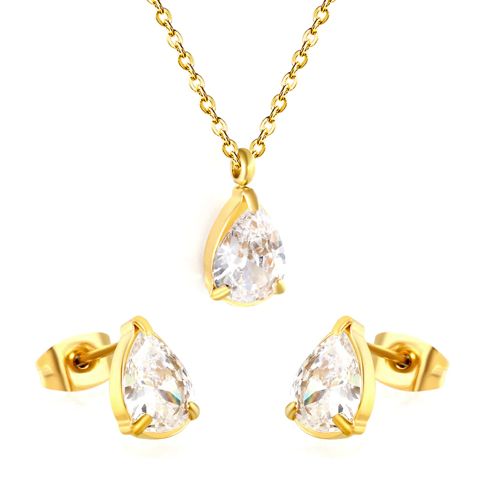 Stainless Steel Gold Color PVD Teardrop Cubic Zirconia Cross Chain Jewelry Set