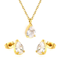 Load image into Gallery viewer, Stelluxe Stainless Steel Gold Color PVD Teardrop Cubic Zirconia Cross Chain Jewelry Set