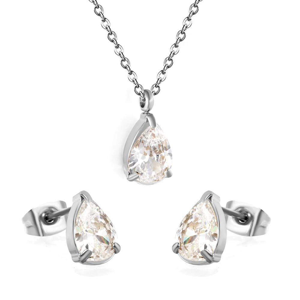 Stainless Steel Color PVD Teardrop Cubic Zirconia Cross Chain Jewelry Set