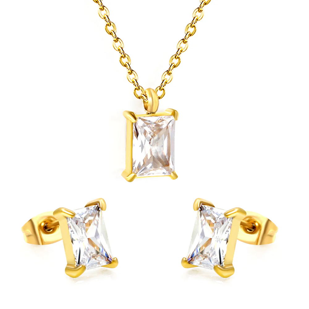Stainless Steel Gold Color PVD Rectangular Cubic Zirconia Cross Chain Jewelry Set