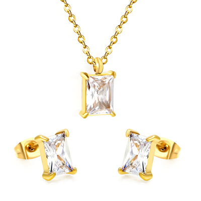 Stelluxe Stainless Steel Gold Color PVD Rectangular Cubic Zirconia Cross Chain Jewelry Set