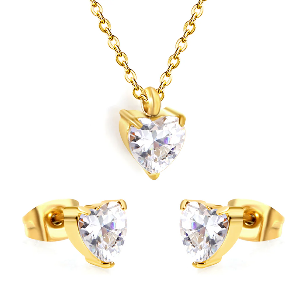 Stainless Steel Gold Color PVD Heart Cubic Zirconia Cross Chain Jewelry Set