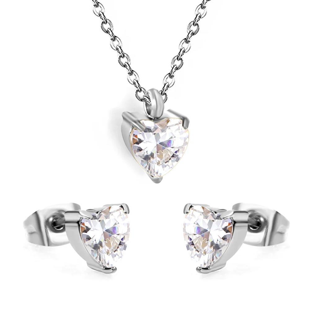 Stainless Steel Steel Color PVD Heart Cubic Zirconia Cross Chain Jewelry Set