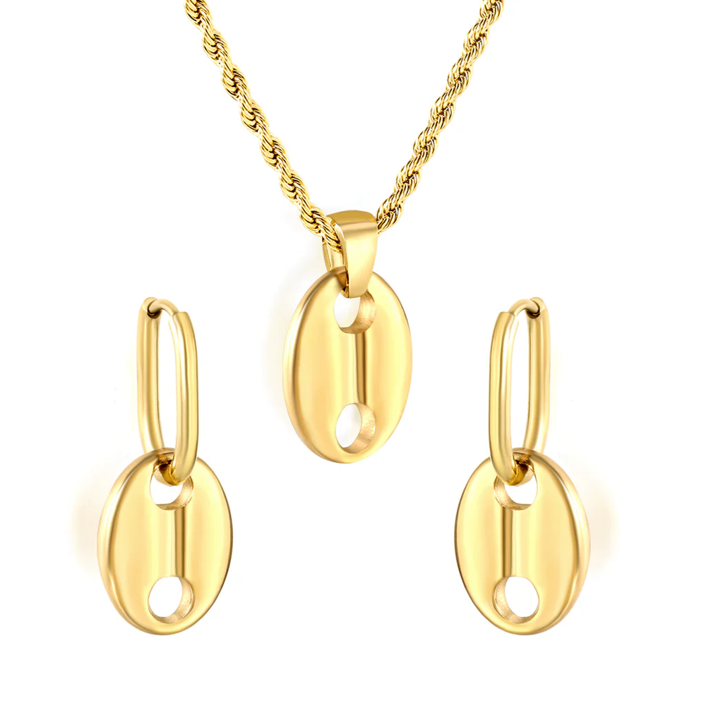 Stainless Steel Gold Color PVD Pig Nose Oval Wire Ear Clips Earrings And Necklace Set