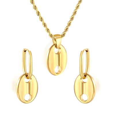 Stelluxe Stainless Steel Gold Color PVD Pig Nose Oval Wire Ear Clips Earrings And Necklace Set