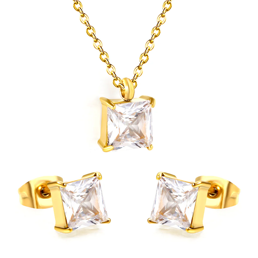 Stainless Steel Gold Color PVD Square Cubic Zirconia Cross Chain Jewelry Set