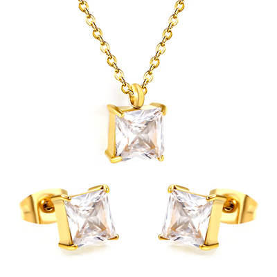 Stelluxe Stainless Steel Gold Color PVD Square Cubic Zirconia Cross Chain Jewelry Set