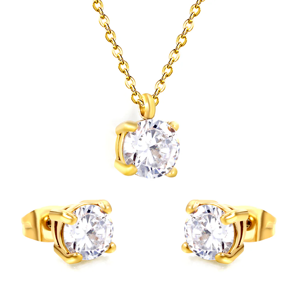 Stainless Steel Gold Color PVD Round Cubic Zirconia Cross Chain Jewelry Set