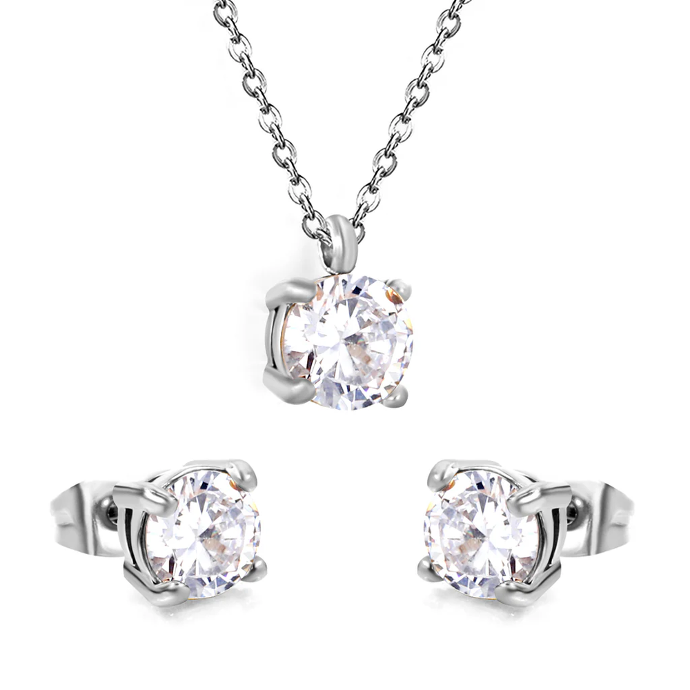 Stainless Steel Steel Color PVD Round Cubic Zirconia Cross Chain Jewelry Set