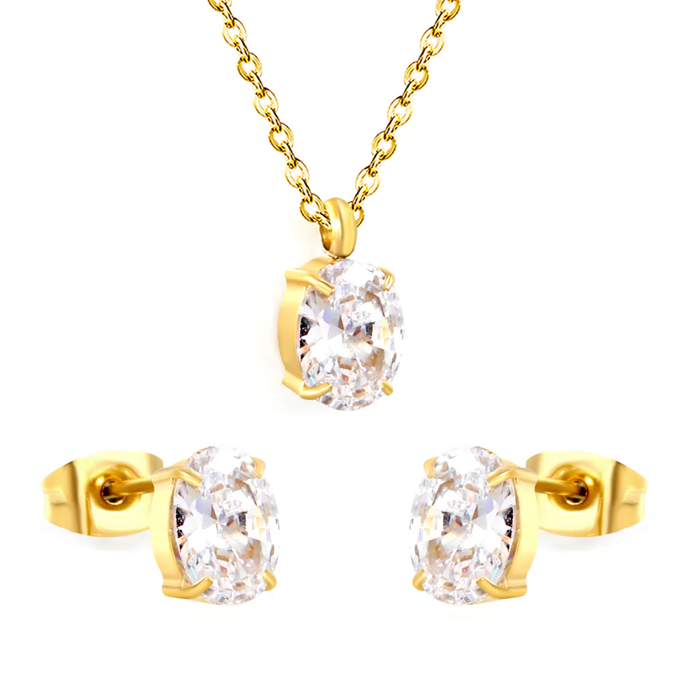 Stainless Steel Gold Color PVD Oval Cubic Zirconia Cross Chain Jewelry Set