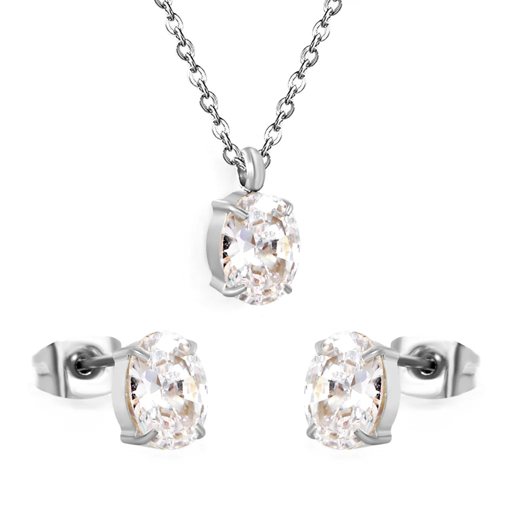 Stainless Steel Color PVD Oval Cubic Zirconia Cross Chain Jewelry Set