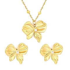 Tresoli Stainless Steel Gold Color PVD Bow Pearl Jewelry Set