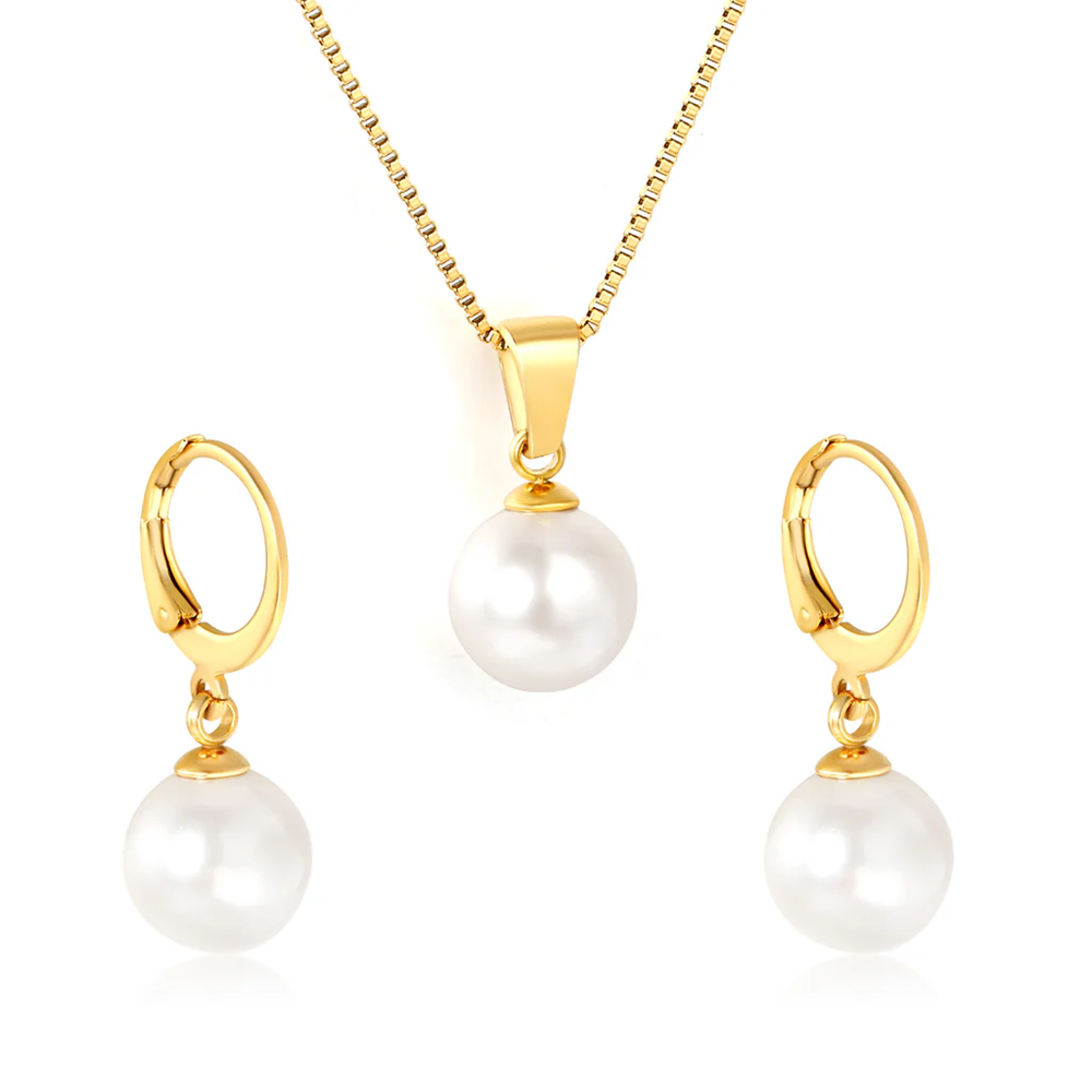 Stainless Steel Gold Color PVD Round Pearl Box Chain Jewelry Set